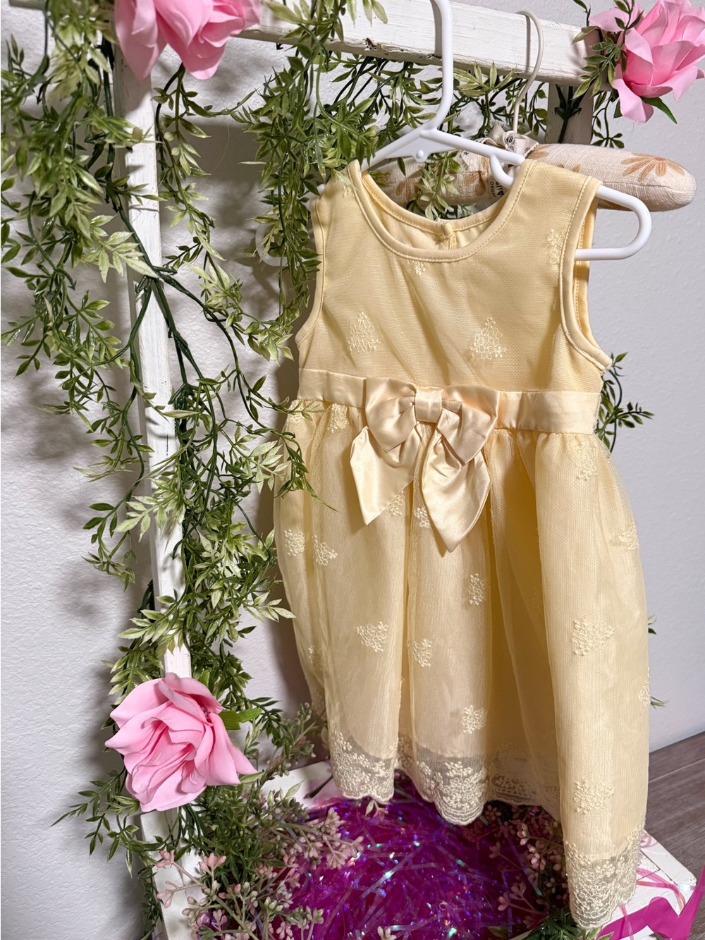 Girls' Yellow Satin Bow Formal Dress